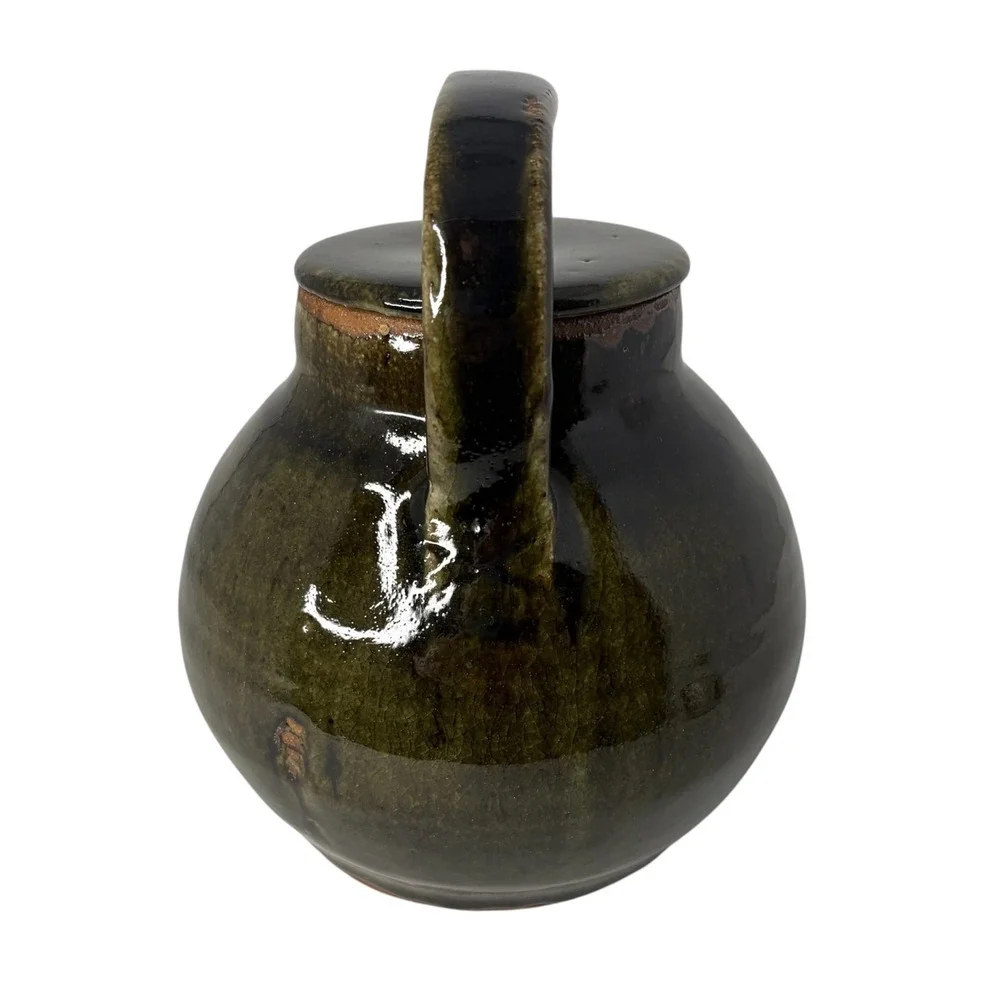 Vintage Signed Studio Pottery Stoneware Teapot Olive Green Mingei Style USA